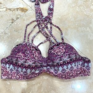 Bikini High neck sexy pink padded push-up silver boho swim ambrielle small